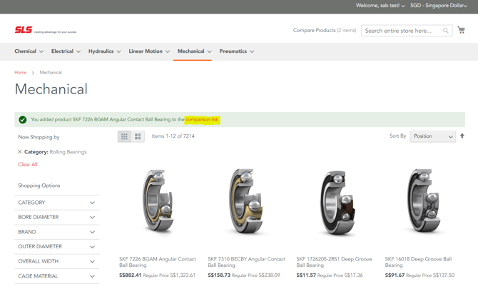 comparison list product listing page